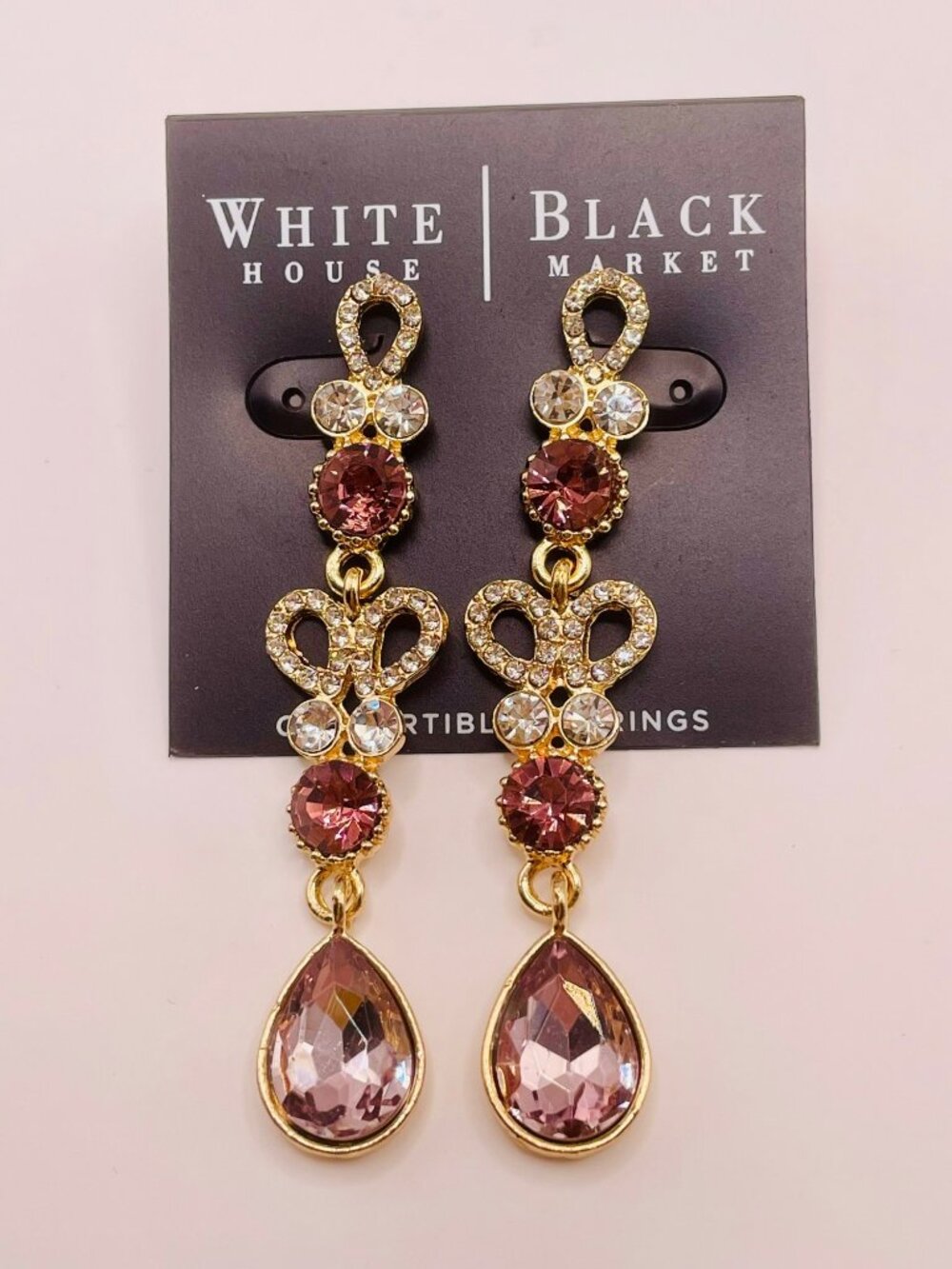 New White House Black Market Gold Drop Earrings Pink & Clear Rhinestones -13B